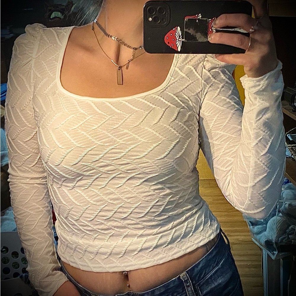 White Textured Long Sleeve Top